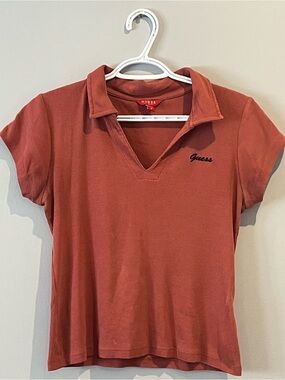 Y2K Guess Women's Rust Short Sleeve Polo Top button down shirt